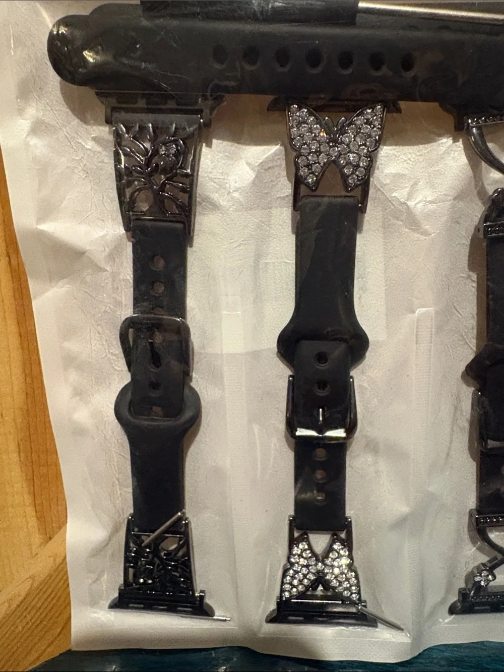 Set of Black Smartwatch Bands with Rhinestone Butterfly, Flower and Owl Accents
